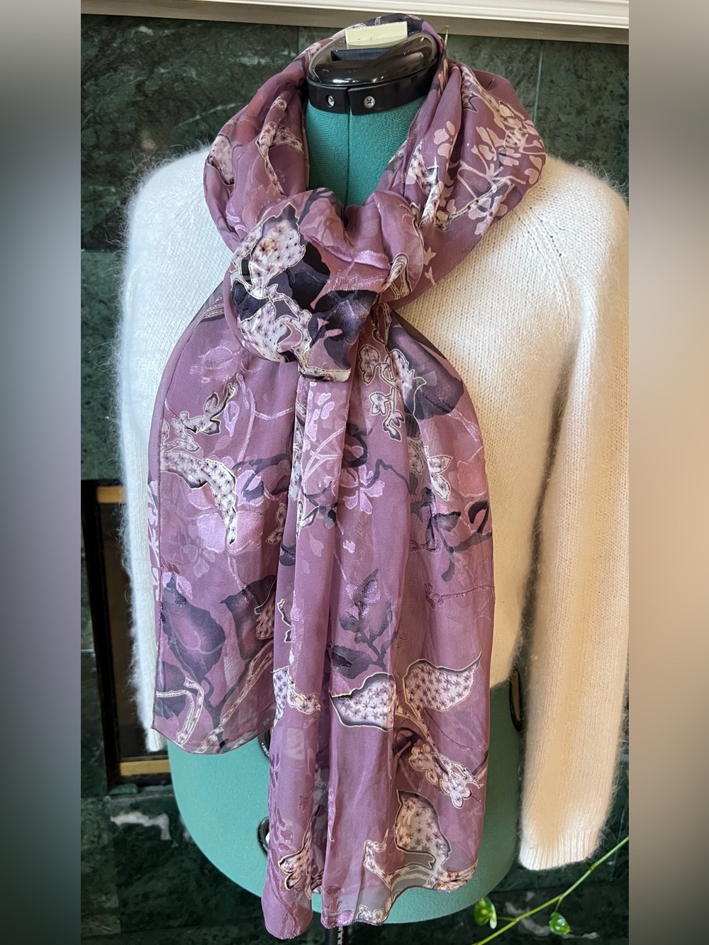 100% Silk Floral Chiffon Scarf Mauve Dusty Purple Long Rectangle 21x68